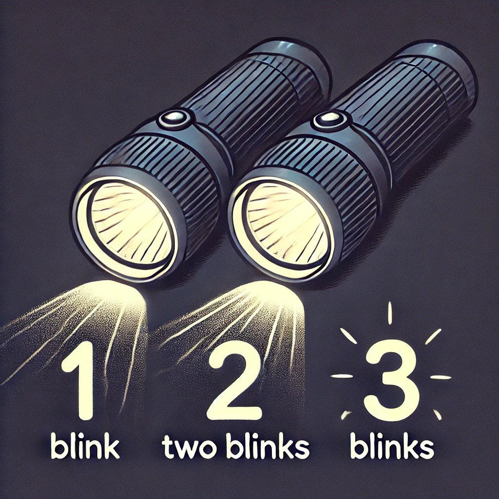 A flashlight blinking one, two, and three times, with numbers labeled next to each blink.