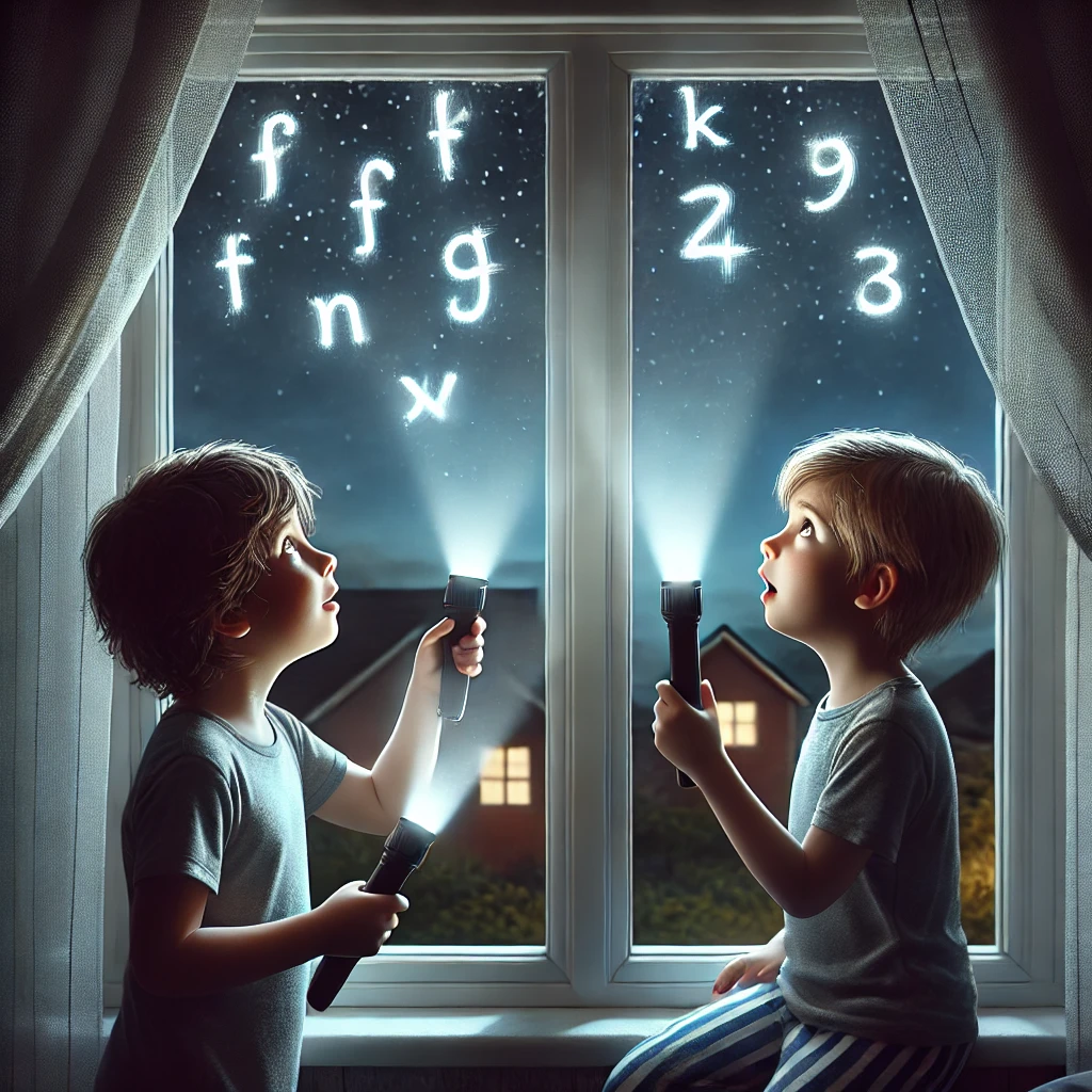 Two kids holding flashlights at their windows, looking puzzled as they try to draw letters in the air.